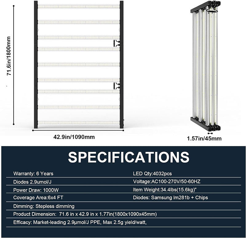 Sanyiba Adjustable 1000W Full-Spectrum Nine Strip UV IR Hydroponic Indoor Plant Lamp LM281B High Power LED Grow Light Bloom Greenhouse