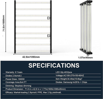 Sanyiba Adjustable 1000W Full-Spectrum Nine Strip UV IR Hydroponic Indoor Plant Lamp LM281B High Power LED Grow Light Bloom Greenhouse